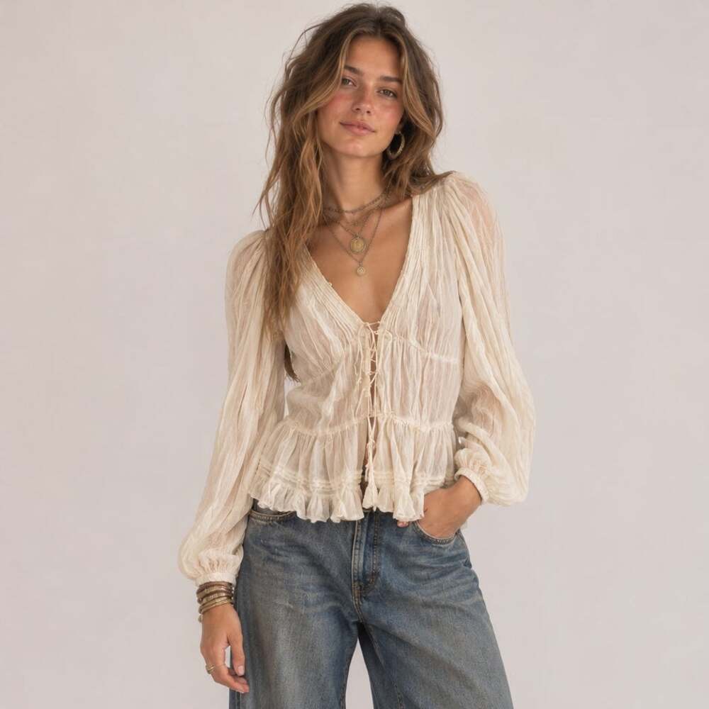 NWT Altar'd State Arden Boho Babydoll Lace Ruffle Long Sleeve Top Medium White